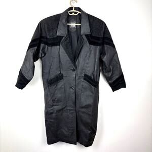 Vintage Greg Bell Black Leather Suede Long Trench Coat patchwork pockets